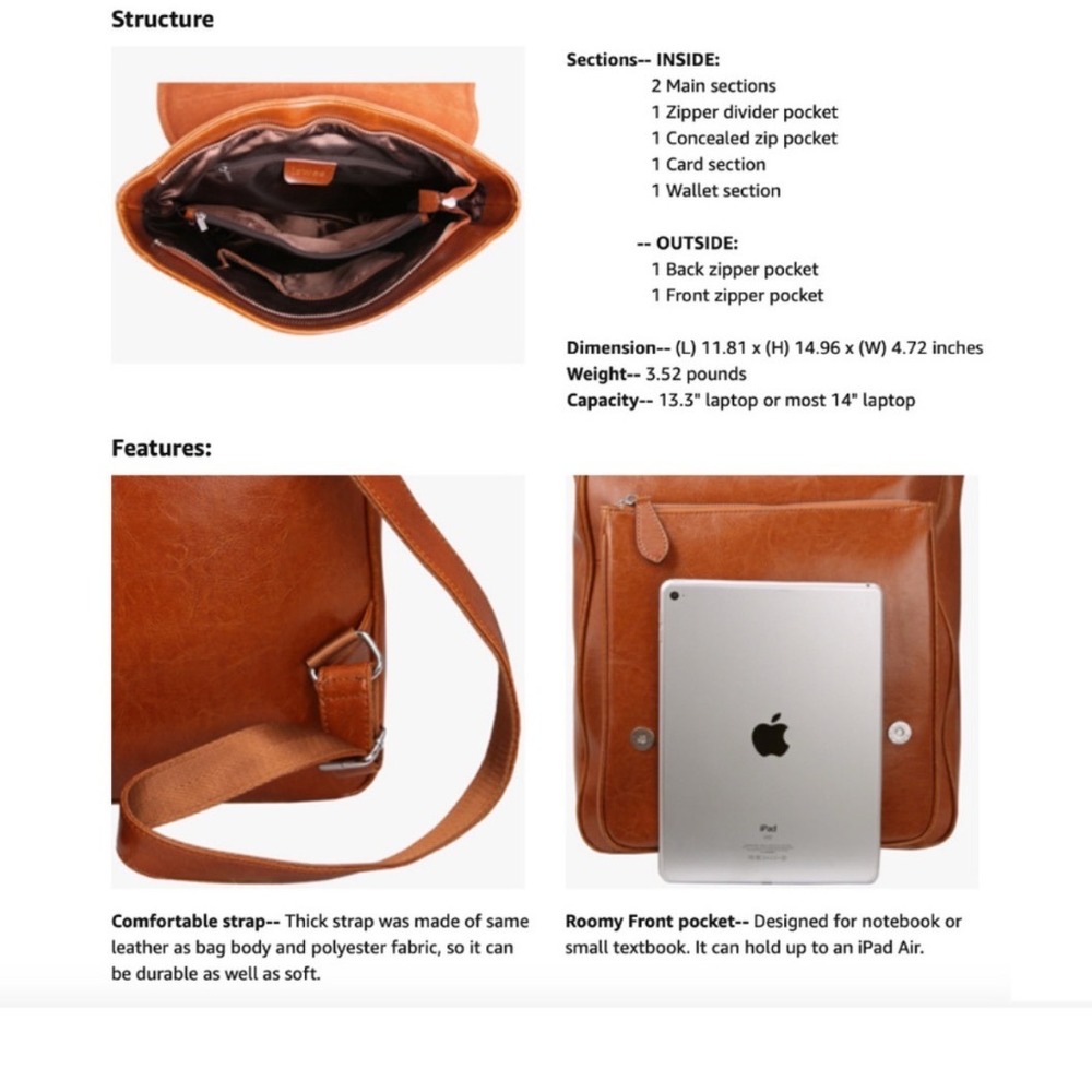 Iswee Cognac Brown Leather Laptop Backpack Unisex Flapover Satchel Bag 14 Inch - Picture 3 of 16